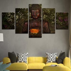 Flowers Retro Buddha Ation - Religion 5 Panel Canvas Art Wall Decor