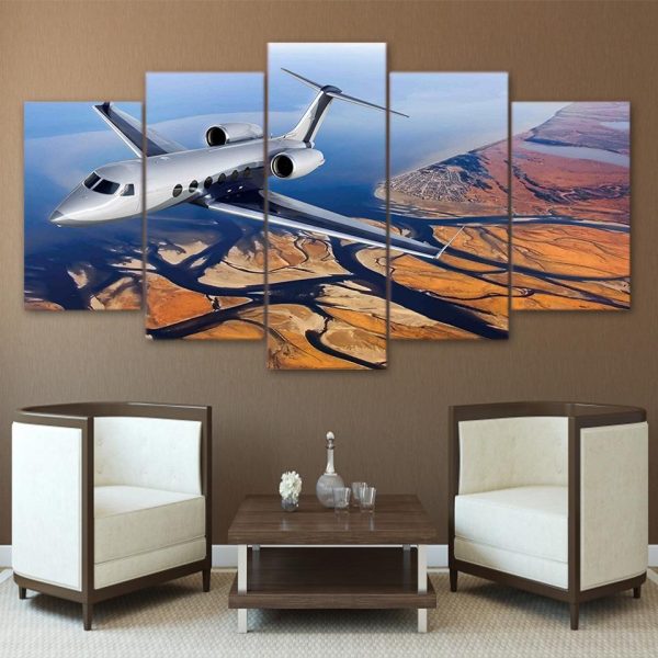 Flying Aircraft River Scenery - Airplane 5 Panel Canvas Art Wall Decor