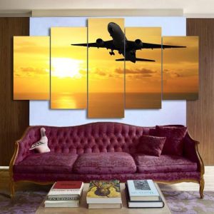 Flying Airplane In Golden Sunset - Airplane 5 Panel Canvas Art Wall Decor