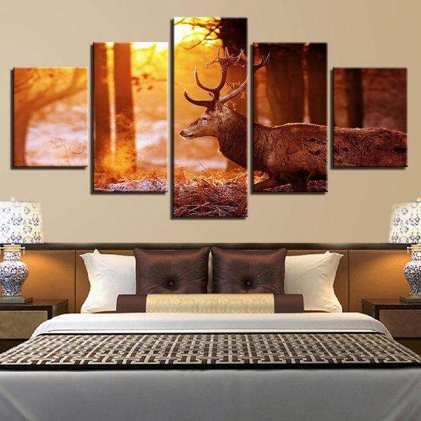 Forest And Deer - Animal 5 Panel Canvas Art Wall Decor