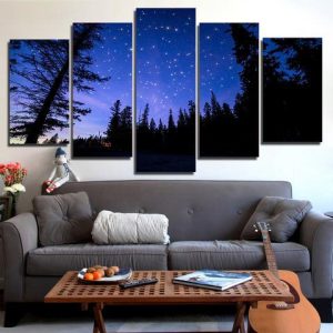 Forest And Purple Starry Sky - Nature 5 Panel Canvas Art Wall Decor