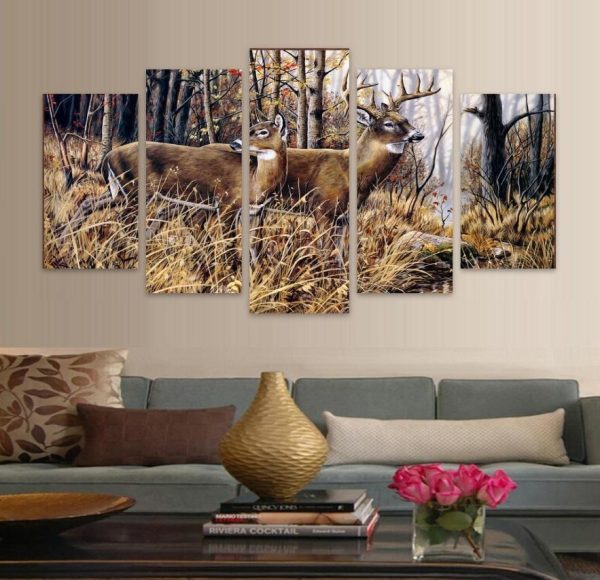 Forest Animal Deer Landscape - Animal 5 Panel Canvas Art Wall Decor