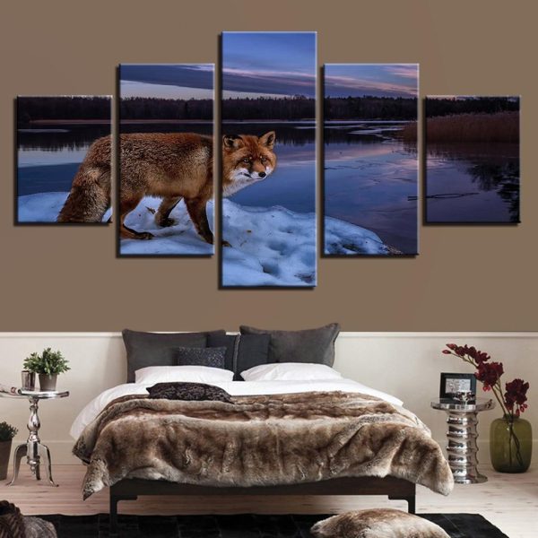 Forest Lake And Animal Wolf Night - Animal 5 Panel Canvas Art Wall Decor