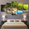 Forest Lake Flowing Water - Natural 5 Panel Canvas Art Wall Decor