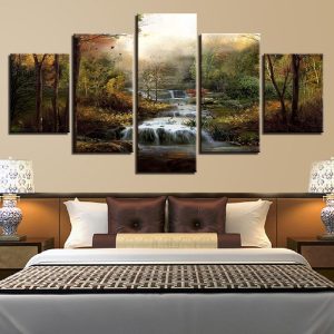 Forest Waterfall 10 - Nature 5 Panel Canvas Art Wall Decor