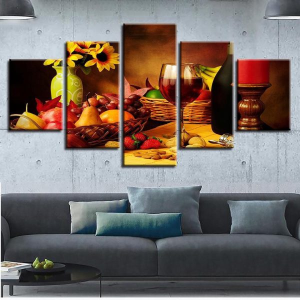 Fruit And Food Wine Glass Kitchen And Restaurant - Wine 5 Panel Canvas Art Wall Decor