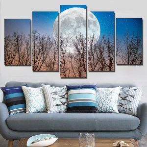 Full Moon With Trees - Space 5 Panel Canvas Art Wall Decor