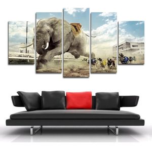 Funny Elephant And Dogs Race - Animal 5 Panel Canvas Art Wall Decor