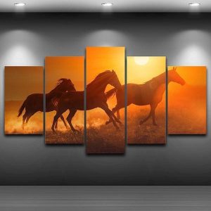 Galloping 3 Horses Sunset - Animal 5 Panel Canvas Art Wall Decor