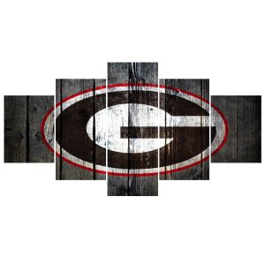 Georgia Bulldogs Team Wood Logo Red Rim Sport - 5 Panel Canvas Art Wall Decor