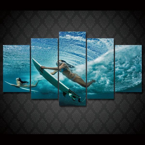 Girl Surfing - Sport 5 Panel Canvas Art Wall Decor