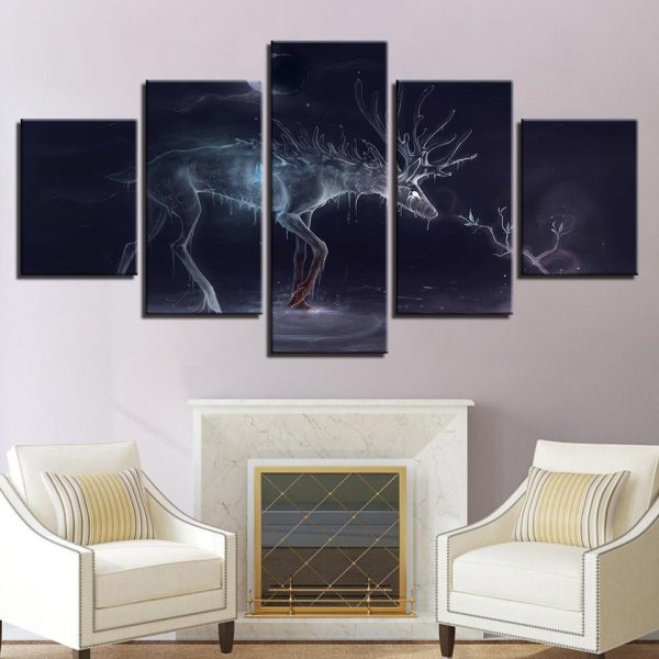 Glowing Water Deer 1 - Abstract Animal 5 Panel Canvas Art Wall Decor