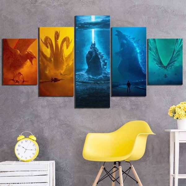 Godzilla Ghidorah Mothra Rodan Monsters King Poster Movie - 5 Panel Canvas Art Wall Decor