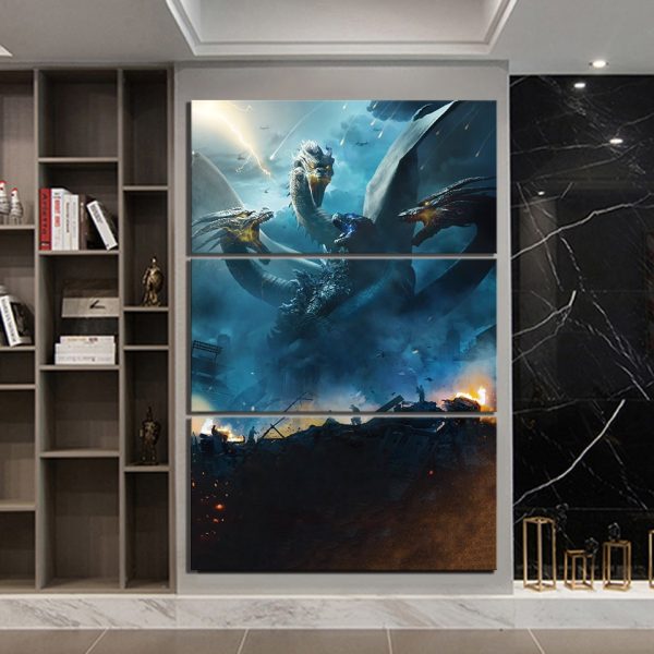 Godzilla King Of The Monsters Ghidorah Monster Science Fiction Movie 3 Pieces - 3 Panel Canvas Art Wall Decor