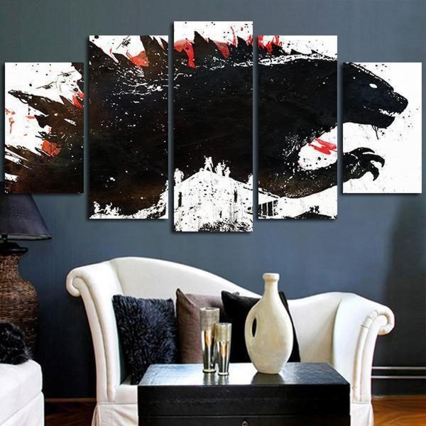 Godzilla Painted Black Ink Movie - 5 Panel Canvas Art Wall Decor