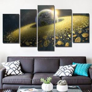 Gold Around The Earth - Abstract Space 5 Panel Canvas Art Wall Decor