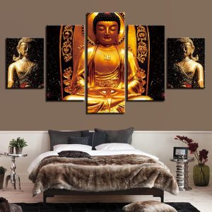 Gold Buddha Meditation 1 - Religion 5 Panel Canvas Art Wall Decor