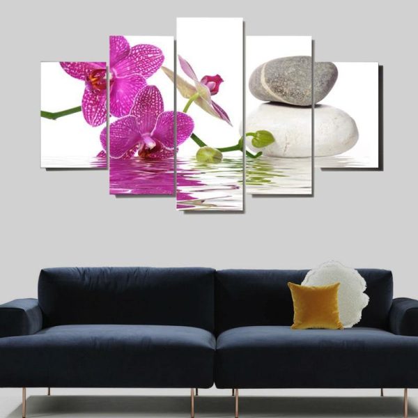 Gold Orchid Flower And White Stones - Nature 5 Panel Canvas Art Wall Decor