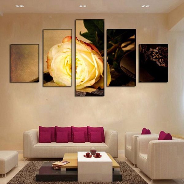 Gold Rose Flower 02 - Nature 5 Panel Canvas Art Wall Decor