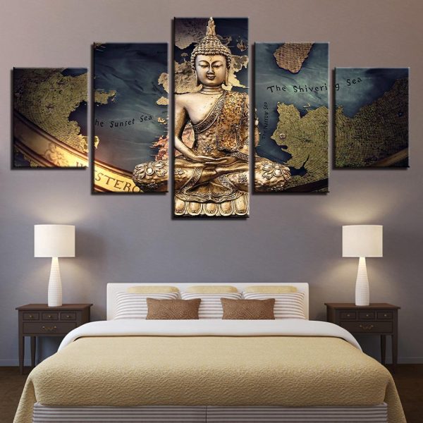 Golden Buddha On Map - Religion 5 Panel Canvas Art Wall Decor