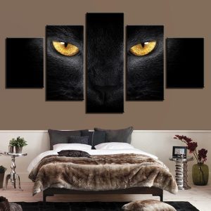 Golden Eyblack Cat - Abstract Animal 5 Panel Canvas Art Wall Decor