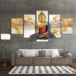 Golden Flower Buddha - Religion 5 Panel Canvas Art Wall Decor