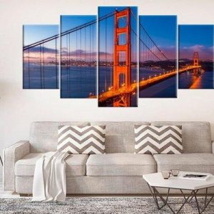 Golden Gate Bridge In San Francisco City - Nature 5 Panel Canvas Art Wall Decor