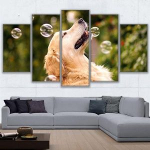 Golden Lab Labrador Retriever Playing With Bubbles - Animal 5 Panel Canvas Art Wall Decor