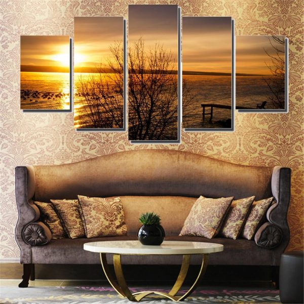 Golden Yellow Sunset - Nature 5 Panel Canvas Art Wall Decor