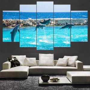 Graceful Jumping Dolphins - Animal 5 Panel Canvas Art Wall Decor