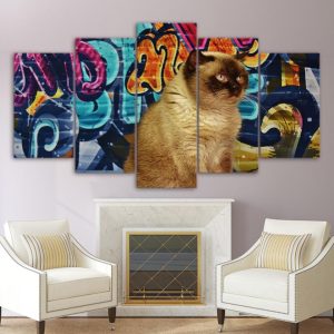 Graffiti Shorthair Brown Cat - Animal 5 Panel Canvas Art Wall Decor