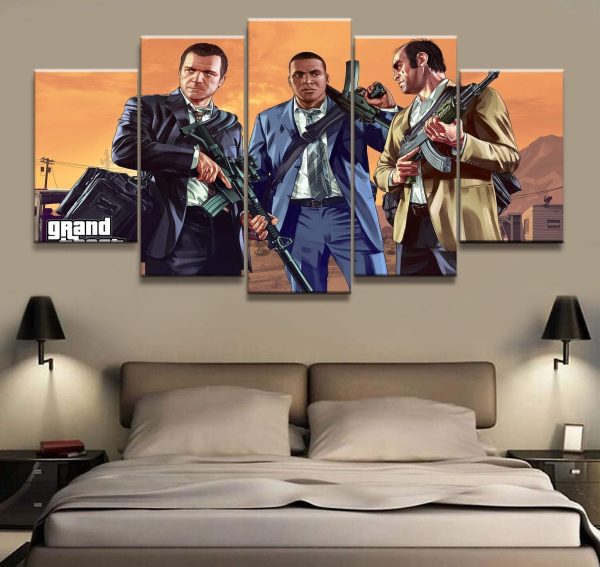 Grand Theft Auto V Character Posters 8 Gaming - 5 Panel Canvas Art Wall Decor