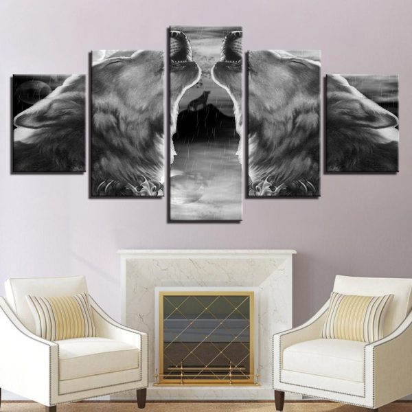 Gray Black Wolf - Abstract Animal 5 Panel Canvas Art Wall Decor