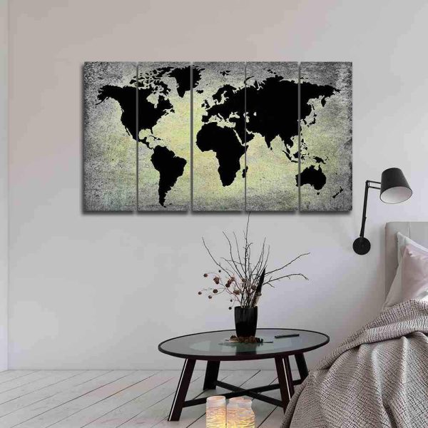 Gray Grunge Black World Map - World Map 5 Panel Canvas Art Wall Decor