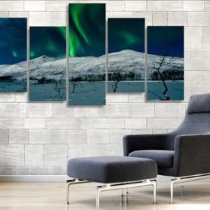 Green Aurora And Snow Mountain - Nature 5 Panel Canvas Art Wall Decor