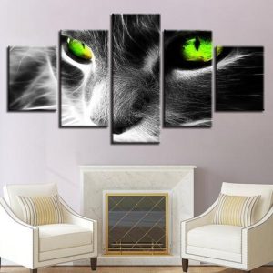 Green Eye Cat - Animal 5 Panel Canvas Art Wall Decor