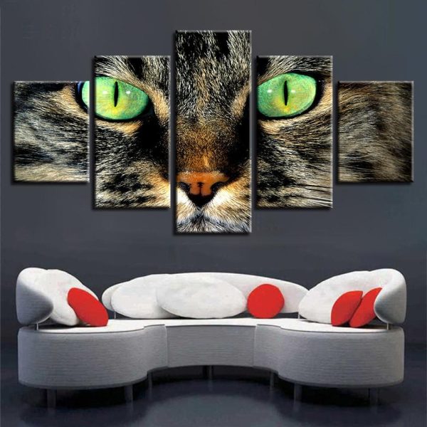 Green Eyes Cats - Animal 5 Panel Canvas Art Wall Decor