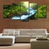 Green Forest Waterfall - Nature 5 Panel Canvas Art Wall Decor