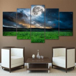 Green Grass And Moon - Nature 5 Panel Canvas Art Wall Decor