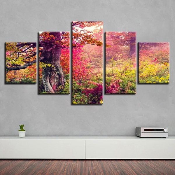 Green Grass Red Tree - Nature 5 Panel Canvas Art Wall Decor