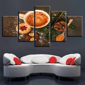 Green Leaves And Food Coffee - Kitchen 5 Panel Canvas Art Wall Decor