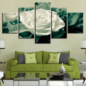 Green Leaves White Rose Flower - Nature 5 Panel Canvas Art Wall Decor