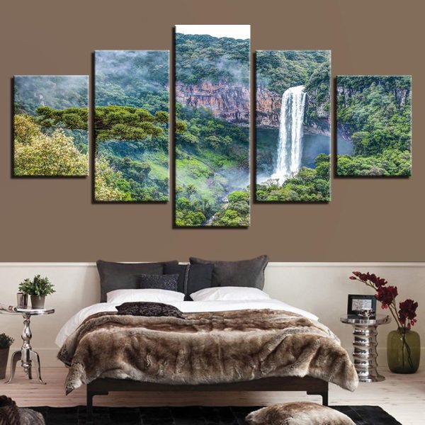 Green Mountain Waterfall - Nature 5 Panel Canvas Art Wall Decor