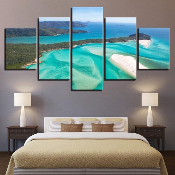 Green Sea Waves Beach Island - Nature 5 Panel Canvas Art Wall Decor