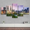 Green Tree And High-Rise Buildings City - Nature 5 Panel Canvas Art Wall Decor