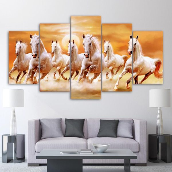 Group White Horses Running - Animal 5 Panel Canvas Art Wall Decor