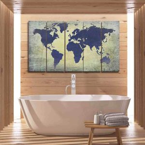 Grunge Blue World Map - World Map 5 Panel Canvas Art Wall Decor