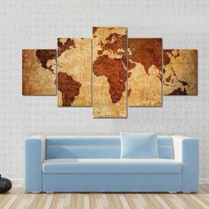 Grunge Map Of The World - Abstract 5 Panel Canvas Art Wall Decor