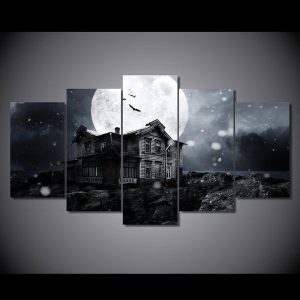 Halloween Spooky Haunted House Full Moon Bats - Abstract 5 Panel Canvas Art Wall Decor