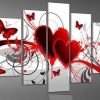 Hand Painted Red Love Hearts Butterfly Butterflies - Abstract 5 Panel Canvas Art Wall Decor